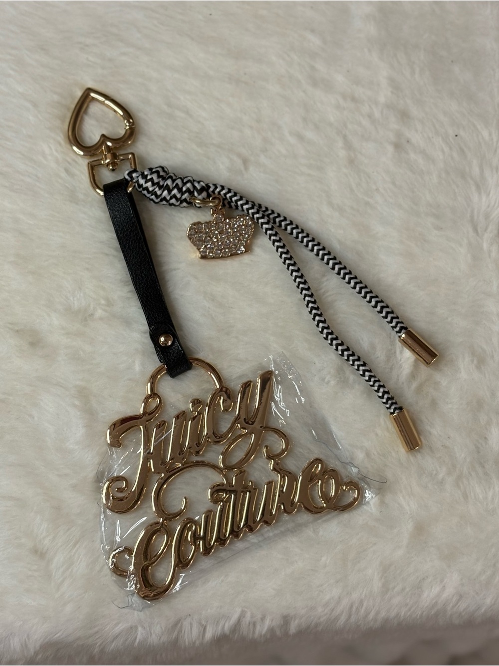 Juicy Couture Black & Gold Script Logo Keychain with Crystal Crown